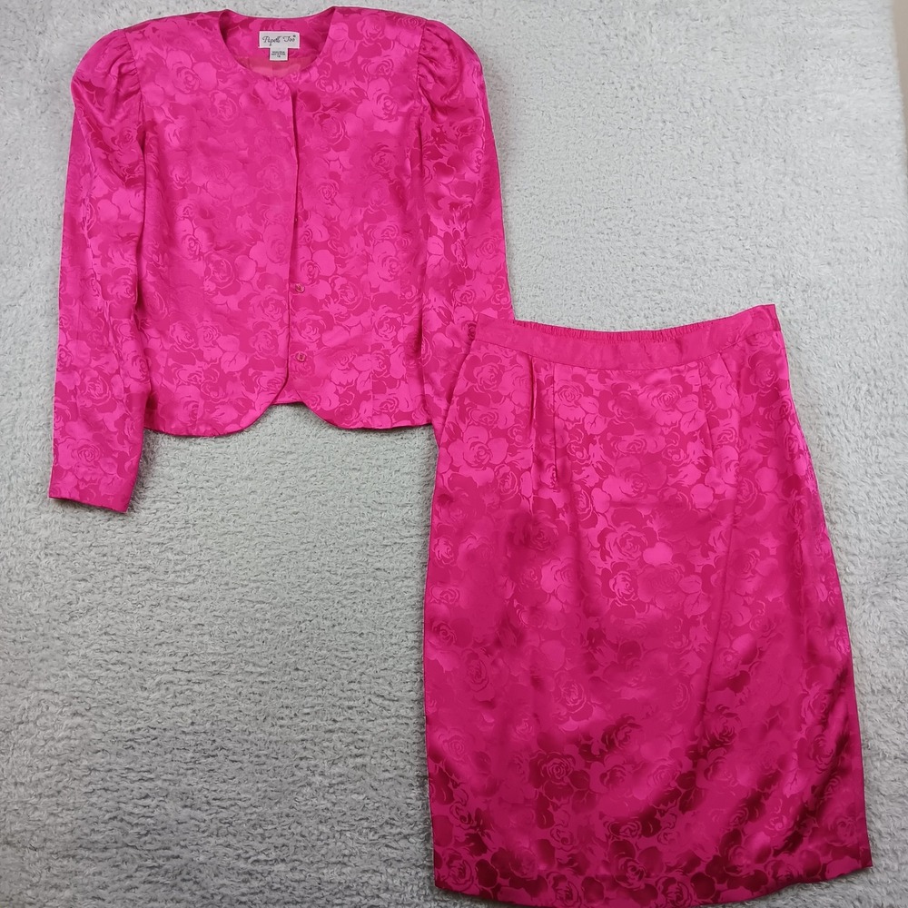 VTG Papell Too Skirt Suit Women 12 Fuchsia Pink Silk Floral Rose Jacquard Set